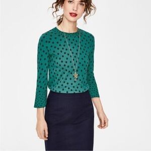 Boden Althea High Neck Flare Cuff Milk Shake Dotty Spot Green Navy Blue Sz 12